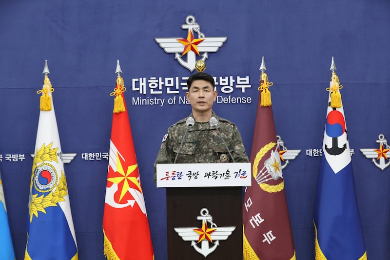 Col Kim Jun-rak, head of public relations in South Korea's Joint Chiefs of Staff office, gives a briefing in Seoul. EPA