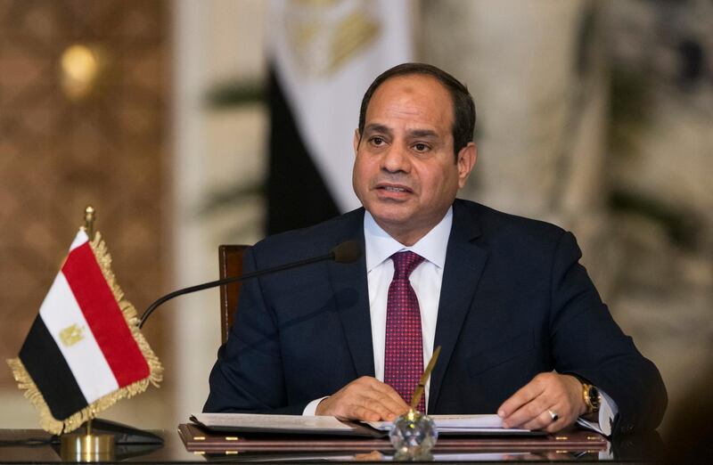 FILE - In this Dec. 11, 2017, file photo, Egyptian President Abdel-Fattah el-Sissi, speaks during a news conference in Cairo, Egypt. Supporters of Egyptâ€™s president announced on Sunday, Dec. 24, that they have collected more than 12 million signatures from people urging him to run for a second four-year term, a mostly symbolic gesture as there is little doubt he will contest, and win, next yearâ€™s elections. (AP Photo/Alexander Zemlianichenko, Pool, File)