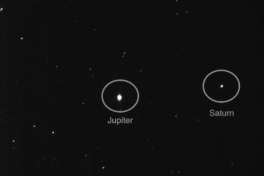 An image beamed back from the Hope Probe showing Saturn and Jupiter. Courtesy: Twitter/ @HHShkMohd