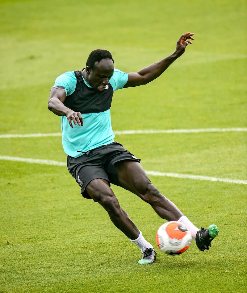 LIVERPOOL, ENGLAND - MAY 24: (THE SUN OUT, THE SUN ON SUNDAY OUT) Sadio Mane of Liverpool during a training session at Melwood Training Ground on May 24, 2020 in Liverpool, England. (Photo by Andrew Powell/Liverpool FC via Getty Images)