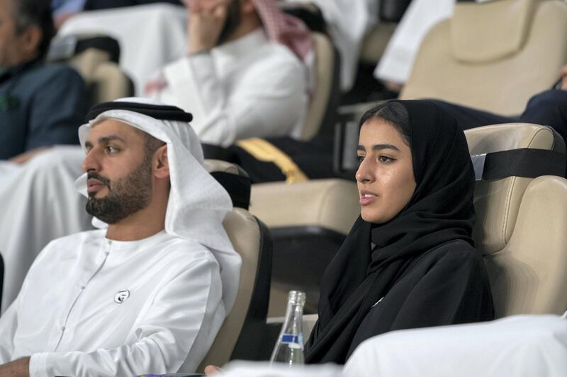 AL AIN, UNITED ARAB EMIRATES - April 18, 2019: HH Sheikh Mohamed bin Hamad bin Tahnoon Al Nahyan (L) and HH Sheikha Hassa bint Mohamed bin Hamad bin Tahnoon Al Nahyan (R), attend the 2018–19 Zayed Champions Cup final football match between Al Hilal and Etoile du Sahel, at Hazza bin Zayed Stadium.

( Mohamed Al Hammadi / Ministry of Presidential Affairs )
---