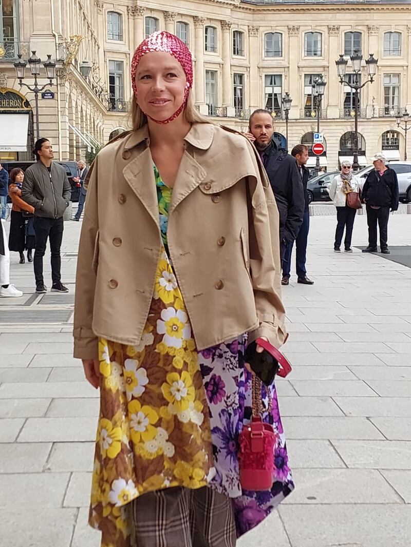 A sequinned bonnet and checked trousers completed this look in Place Vendome.