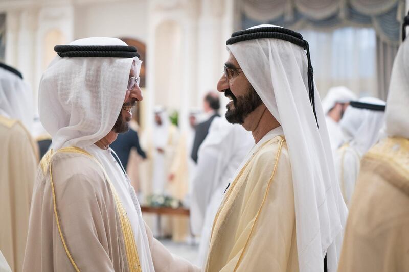 ABU DHABI, UNITED ARAB EMIRATES - August 21, 2018: HH Sheikh Mohamed bin Rashid Al Maktoum, Vice-President, Prime Minister of the UAE, Ruler of Dubai and Minister of Defence (R) and HE Hamad bin Suhail Al Khaili (L) attend an Eid Al Adha reception at Mushrif Palace.

( Mohamed Al Hammadi / Crown Prince Court - Abu Dhabi )
---