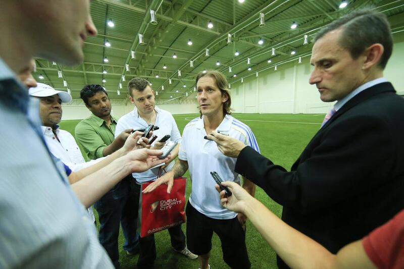 Michel Salgado, centre, has proved his prowess at futsal as well as the full version of the game in recent times. Oliver Clarke / courtesy Dubai Sports City