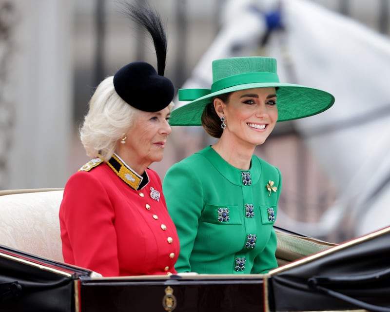 Queen Consort Camilla and Catherine, Princess of Wales during Trooping the Colour. Getty Images