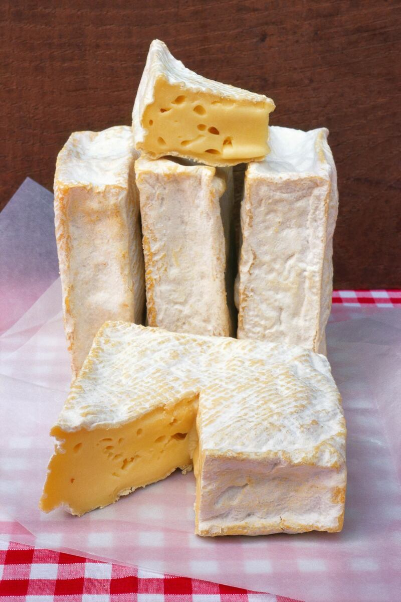 Slices of Pont l'Eveque cheese, one of the oldest Norman cheese still in production. It was originally manufactured in the area of Pont-l'Eveque, between Deauville and Lisieux in Normandy.