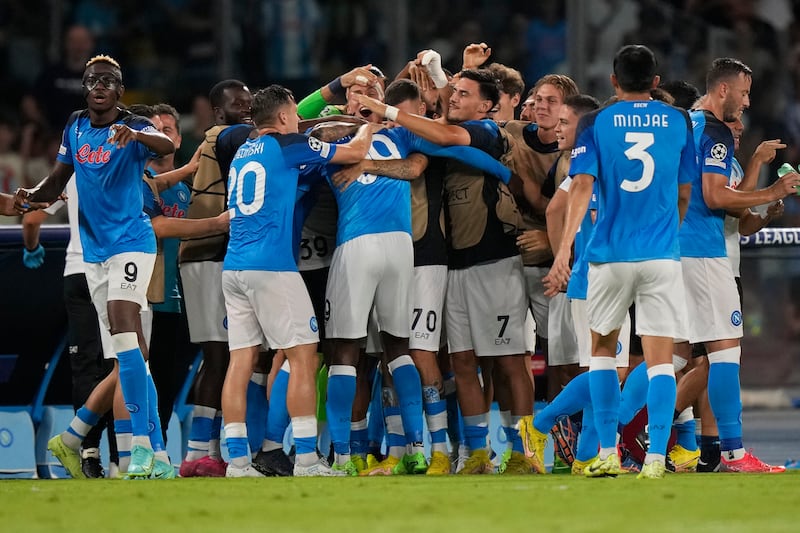 Napoli players celebrate after Andre-Frank Zambo Anguissa scored their second goal. AP