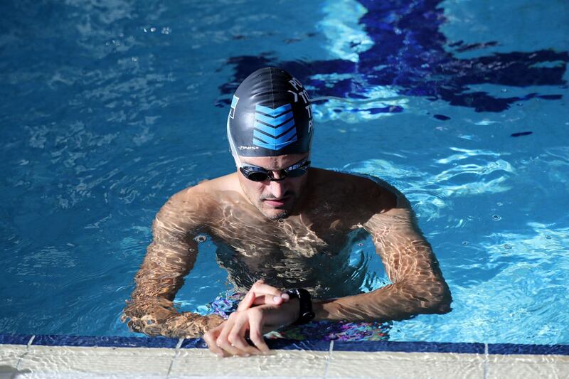 Dubai, United Arab Emirates - February 07, 2019: Para-triathlete Sebastian Jensen trains for the Abu Dhabi triathlon and hopes to make the paralympics in Tokyo. Thursday the 7th of February 2019 in Sports City, Dubai. Chris Whiteoak / The National