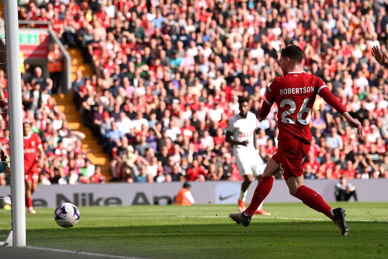 Andrew Robertson of Liverpool scores his team's second goal. Getty Images