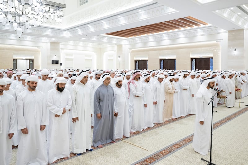 Sheikh Mansour bin Zayed, Vice President, Deputy Prime Minister and Chairman of the Presidential Court, and other senior officials attend funeral prayers at Sheikh Hazza bin Sultan Al Nahyan Mosque. Mohamed Al Hammadi / UAE Presidential Court
