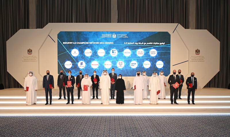 Dr Sultan Al Jaber, Minister of Industry and Advanced Technology, (centre) with Sarah Al Amiri, Minister of State for Advanced Sciences, during the launch of the UAE Industry 4.0 Programme at the Adnoc Business Centre, Abu Dhabi. Photo: Ministry of Industry Advanced Technology