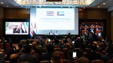President Sheikh Mohamed witnesses the signing of the UAE-Costa Rica Cepa deal via video link from Al Shati Palace in Abu Dhabi. Photo: Presidential Court