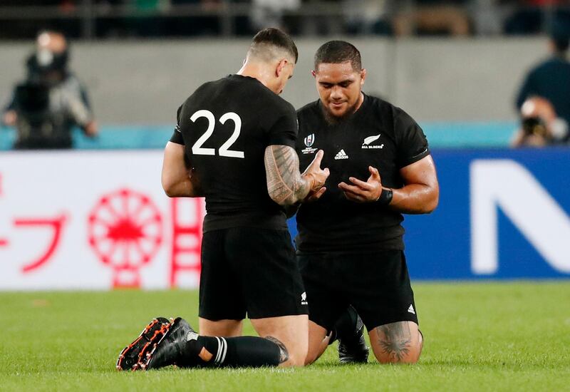 Rugby Union - Rugby Union - Rugby World Cup 2019 - Quarter Final - New Zealand v Ireland - Tokyo Stadium, Tokyo, Japan - October 19, 2019 New Zealand's Ofa Tuungafasi and Sonny Bill Williams celebrate after the match REUTERS/Matthew Childs
