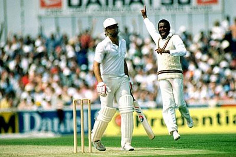 Malcolm Marshall, the West Indies fast bowler, takes the wicket of Imran Khan, the Pakistan all-rounder, in the 1983 World Cup semi-final at The Oval in London. West Indies won this particular exchange. Adrian Murrell / Allsport