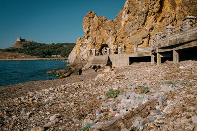 Large drifts of plastic bottles and other rubbish accumulate under the corniche in Tabarka, on Tunisia's northwest coast, which is famous for its Genovese fort and shallow inlet for swimming. Erin Clare Brown / The National