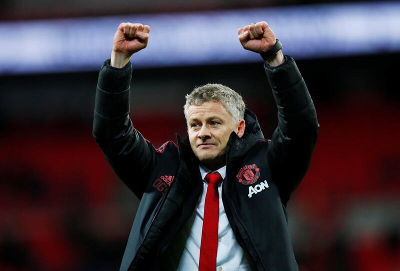 Manchester United interim manager Ole Gunnar Solskjaer celebrates at the end of the match against Tottenham Hotspur at Wembley Stadium, London. Reuters