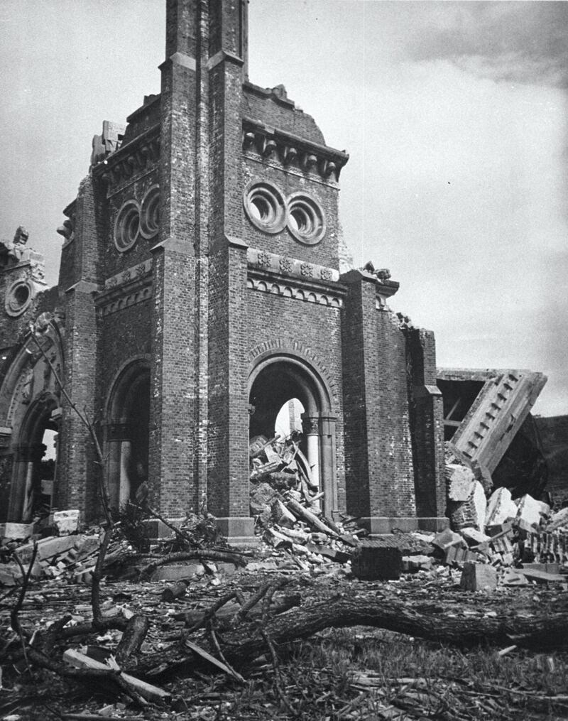 376900 06: (FILE PHOTO) The Roman Catholic cathedral is destroyed after an atomic bomb was dropped August 8, 1945 in Nagasaki, Japan. (Courtesy of the National Archives/Newsmakers)