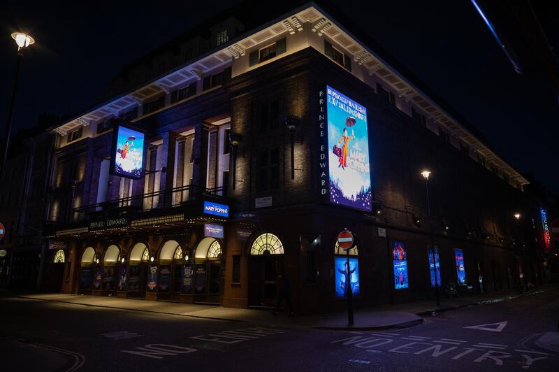 LONDON, ENGLAND - MARCH 17: The area around the Prince Edward theatre remains deserted following the announcement of the suspension of many performances in the West End on March 17, 2020 in London, England. Boris Johnson held the first of his public daily briefing on the Coronavirus outbreak yesterday and told the public to avoid theatres, going to the pub and work from home where possible. The number of people infected with COVID-19 in the UK reached 1500 today with 36 deaths. (Photo by Leon Neal/Getty Images)