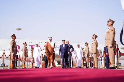 Iraqi Prime Minister Mohammed Shia Al Sudani welcomes Qatar's Emir Sheikh Tamim in Baghdad. Reuters
