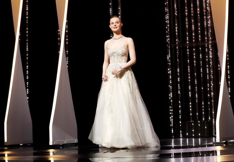 Elle Fanning wears Reem Acra for the Closing Awards Ceremony of the 72nd Cannes Film Festival. EPA