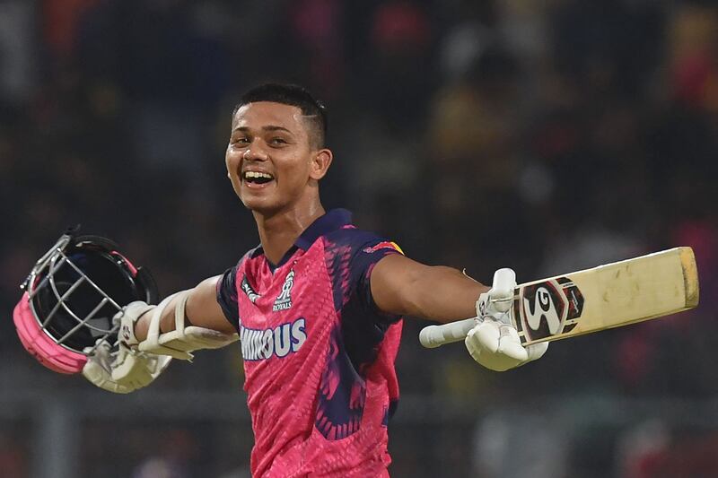 Yashasvi Jaiswal celebrates after his match-winning knock of 98 for Rajasthan Royals against Kolkata Knight Riders in the IPL at Eden Gardens, on May 11, 2023. AFP