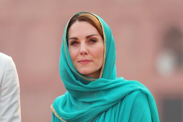 LAHORE, PAKISTAN - OCTOBER 17: Catherine, Duchess of Cambridge arrives at the Badshahi Mosque within the Walled City during day four of their royal tour of Pakistan on October 17, 2019 in Lahore, Pakistan. (Photo by Chris Jackson/Getty Images)