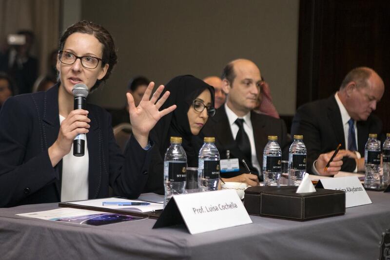 Judge professor Luisa Cochella asks a finalist a question during the Genes in Space final presentations. Christopher Pike / The National