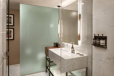 A bathroom in a guest room at the Douglas hotel. Courtesy Parq Vancouver