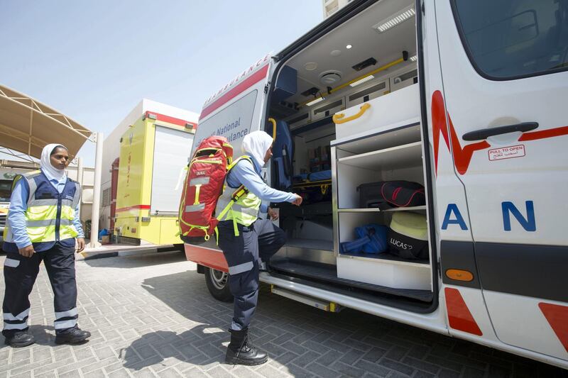Ajman, United Arab Emirates - Emirati female EMT's with the national ambulance showing how they respond to a call and provide emergency treatment to residents. Ruel Pableo for The National