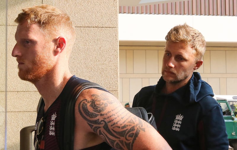 England's cricket captain Joe Root (R) and vice-captain Ben Stokes arrive at the team hotel in Colombo after  the Tests were postponed. EPA