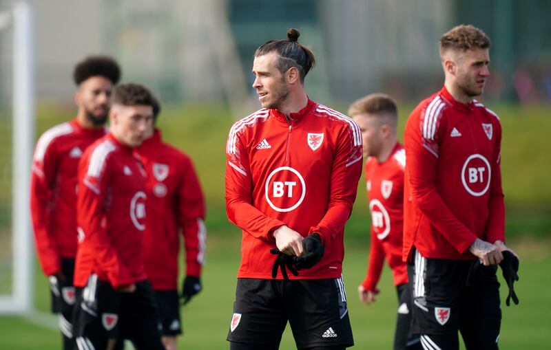 Wales attacker Gareth Bale, centre, during training at the Vale Resort in Henso, on Monday, March 28, 2022, on the eve of their friendly against Czech Republic in Cardiff. PA