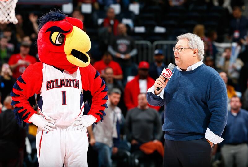 ATLANTA, GA - FEBRUARY 25: Harry the Hawk stands as CEO Steve Koonin of the Atlanta Hawks and Philips Arena thanks the fans for their support after their 104-87 win over the Dallas Mavericks at Philips Arena on February 25, 2015 in Atlanta, Georgia. NOTE TO USER: User expressly acknowledges and agrees that, by downloading and or using this photograph, User is consenting to the terms and conditions of the Getty Images License Agreement.   Kevin C. Cox/Getty Images/AFP