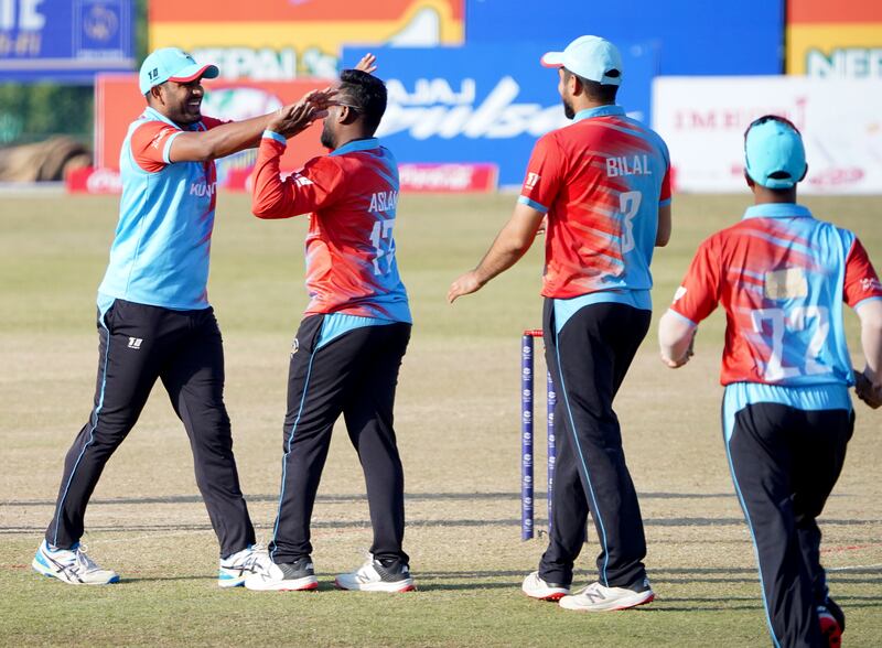 Kuwait celebrate a UAE wicket in Kathmandu on Tuesday