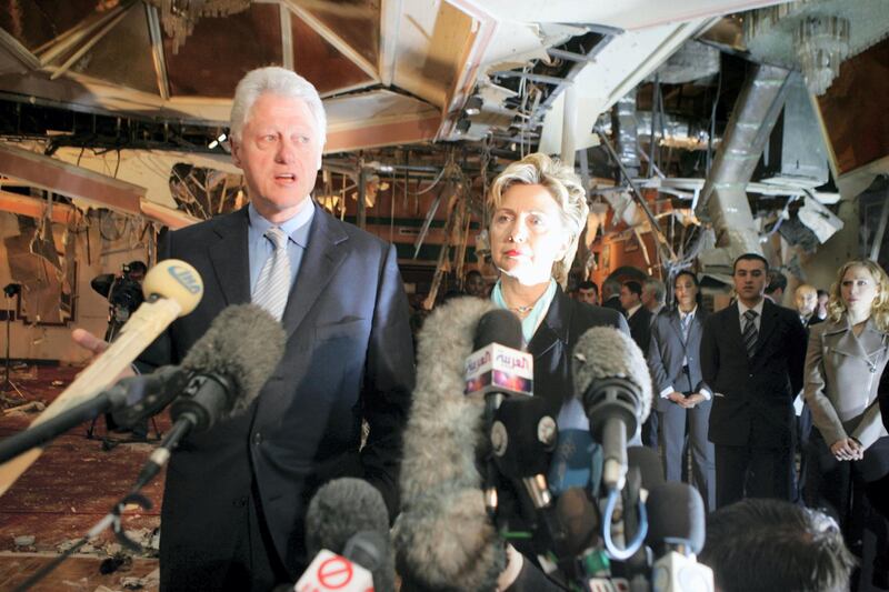 AMMAN, JORDAN- NOVEMBER 13:  Former U.S. President Bill Clinton and his wife U.S. Senator Hillary Clinton visit the damage of the Radisson SAS hotel, one of the three hotels which was bombed last Wednesday, in Amman Jordan, Sunday, November 13, 2005. According to Jordanian authorities a woman, allegedly the wife of one of the suicide attackers has been taken into custody. The attacks left at least 60 dead and injured over one hundred people. (Photo by Salah Malkawi/ Getty Images)