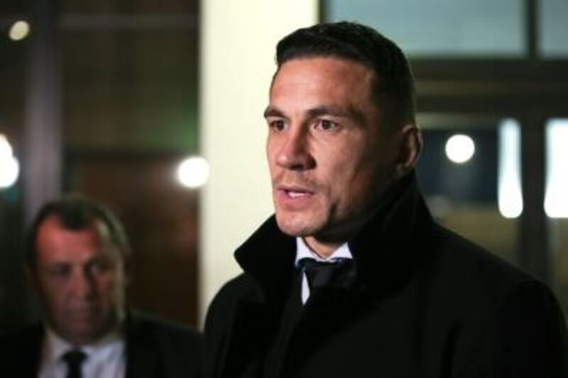 New Zealand's Sonny Bill Williams speaks to media while assistant coach Ian Foster looks on after a judicial hearing at the New Zealand Rugby offices on July 2, 2017 in Wellington, New Zealand.