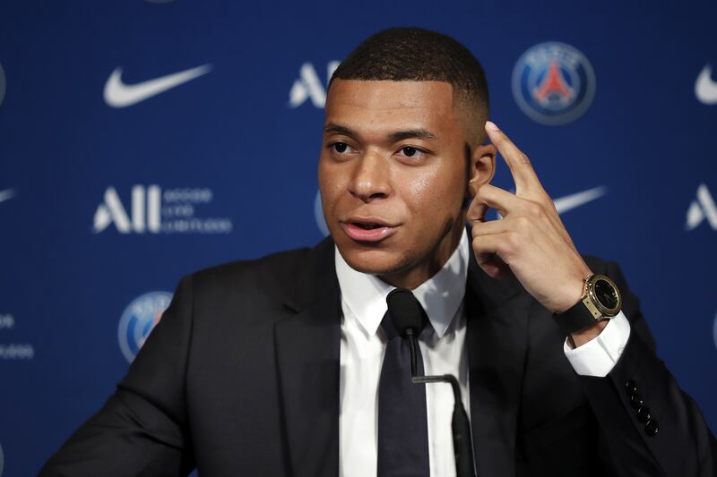 Kylian Mbappe speaks during his press conference at the Parc des Princes. EPA