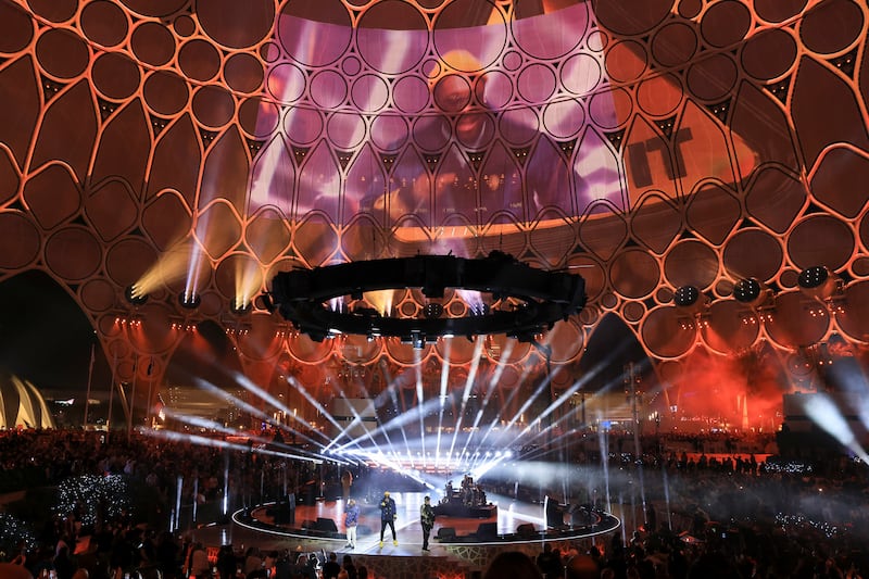 The Black Eyed Peas perform as the circular designs within Al Wasl dome take on a life of their own at Expo 2020 Dubai. Reuters 