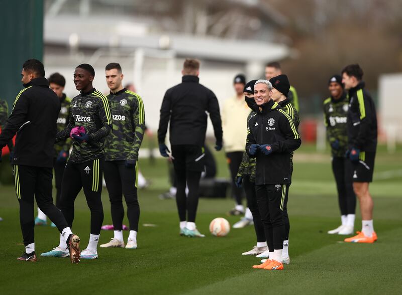 Antony, second right, trains with Manchester United teammates. EPA