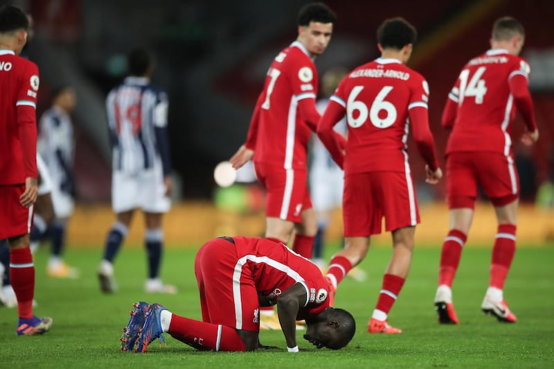 Sadio Mane after scoring in the 1-1 draw against West Bromwich Albion on December 27. EPA