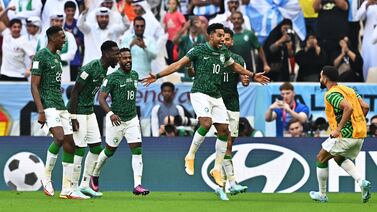 Salem Al-Dawsari celebrates with teammates after scoring Saudi Arabia's second goal against Argentina at Lusail Stadium. EPA