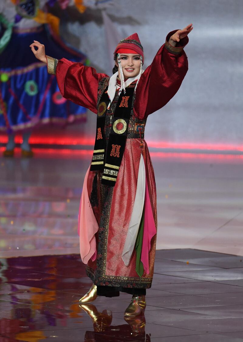 Miss Mongolia Tsevelmaa Mandakh performs during the Miss World 2019 final in the ExCel centre in London. EPA