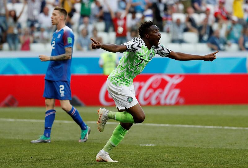 Ahmed Musa celebrates scoring Nigeria's first goal against Iceland. Toru Hanai / Reuters