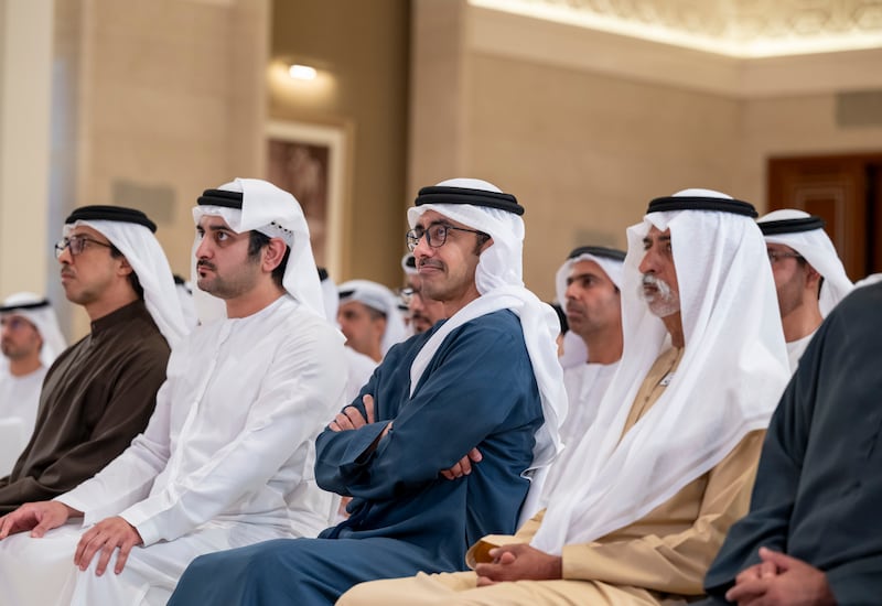 Sheikh Nahyan bin Mubarak, Minister of Tolerance and Coexistence, Sheikh Abdullah bin Zayed, Minister of Foreign Affairs, Sheikh Maktoum and Sheikh Mansour. Photo: Abdulla Al Bedwawi / Presidential Court