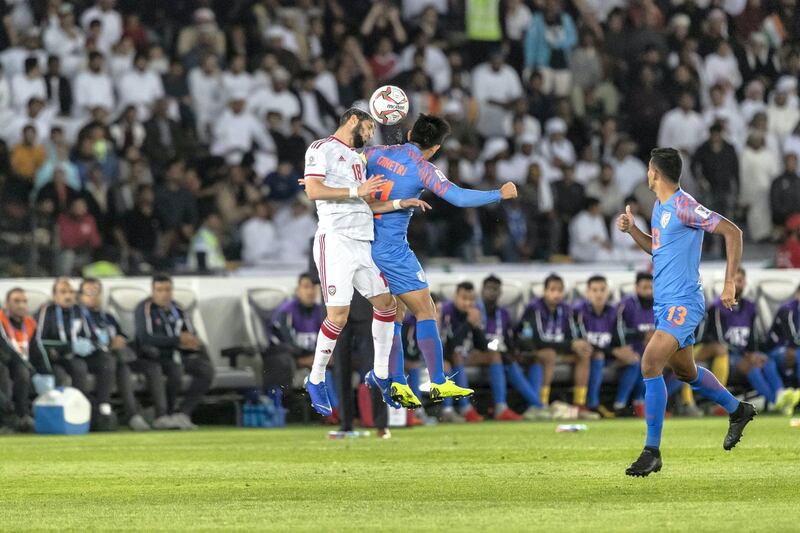 ABU DHABI, UNITED ARAB EMIRATES. 10 JANUARY 2019. AFC Football at Zayed Sports City. UAE vs India match. First half. UAE leads 1-0. (Photo: Antonie Robertson/The National) Journalist: John McAuley. Section: Sport.