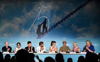 Dolly de Leon, second from left, with the cast of 'Triangle of Sadness', including Woody Harrelson, third from right, during a press conference at Cannes Film Festival 2022. AFP