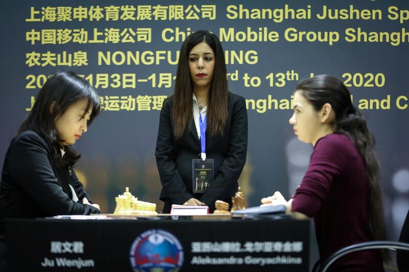 Iran chess referee Shohreh Bayat looks on during the Women's World Chess Championship in Shanghai. Lewis Liu/FIDE via Reuters