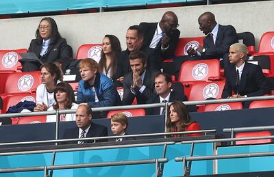 Ed Sheeran and David Beckham watch England's Euro 2020 tilt march on at Wembley behind Prince William, Kate, Duchess of Cambridge, and their son Prince George. Carl Recine/via Reuters/Pool