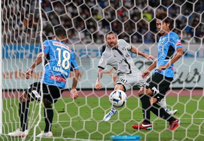 Lionel Messi scores Paris Saint-Germain's first goal in their 2-1 friendly win over Kawasaki Frontale at the Japan National Stadium in Tokyo on Wednesday, July 2022. EPA