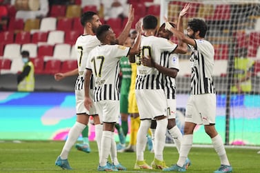 Al Jazira players celebrate after Abdoulay Diaby’s goal to seal 2-0 win over Shabab Al Ahli in the Adnoc Pro League at Mohamed bin Zayed stadium on Sunday, April 3, 2022. - PLC