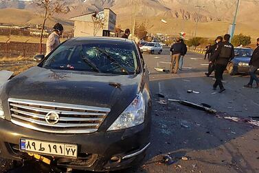 A photo made available by Iran state TV shows the damaged car of Iranian nuclear scientist Mohsen Fakhrizadeh after it was attacked near the capital Tehran.